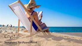  Presentation with relaxing - Colorful PPT theme enhanced with woman-relaxing-on-beach-reading backdrop and a coral colored foreground