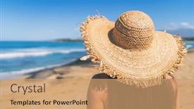  Presentation with summer sun - PPT theme consisting of woman-relaxing-on-beach-wearing background and a coral colored foreground