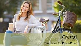  Presentation with takeaway coffee - Beautiful presentation theme featuring woman relaxing on park bench backdrop and a yellow colored foreground