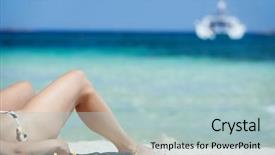  Presentation with turquoise beach - Slides consisting of woman relaxing on resort sandy beach near to turquoise sea water in italy background and a light blue colored foreground