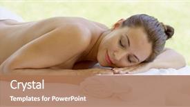  Presentation with outdoor patio - Presentation theme enhanced with woman relaxing on spa table outdoor patio background and a coral colored foreground