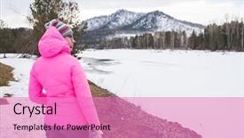  Presentation with winter river - PPT layouts enhanced with happy woman relaxing on the coast river at beauty sunny winter day in altai mountains travel vacation concept background and a coral colored foreground