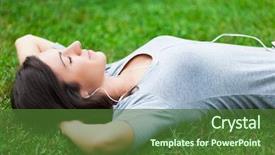  Presentation with listening woman - Presentation design consisting of woman relaxing on the grass background and a tawny brown colored foreground