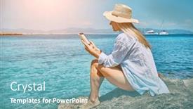  Presentation with wide - PPT theme with woman-relaxing-outdoors-watching-reading background and a seafoam green colored foreground