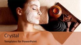  Presentation with beauty salon - Beautiful theme featuring woman relaxing with facial mask backdrop and a red colored foreground