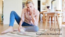  Presentation with red carpet - Colorful PPT theme enhanced with woman-removes-red-wine-stains backdrop and a soft green colored foreground