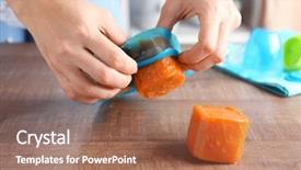  Presentation with ice frozen - Amazing PPT theme having woman removing frozen vegetable puree backdrop and a coral colored foreground