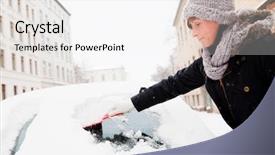  Presentation with woman car driver map - Amazing presentation theme having woman removing snow from car backdrop and a white colored foreground