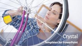  Presentation with mountain bike - Audience pleasing PPT layouts consisting of woman repairing wheel on mountain bike backdrop and a ocean colored foreground