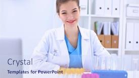  Presentation with vials - PPT layouts enhanced with woman-researcher-is-surrounded background and a sky blue colored foreground