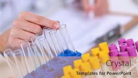  Presentation with vials - Presentation theme enhanced with woman-researcher-is-surrounded background and a yellow colored foreground