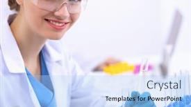  Presentation with vials - Cool new presentation theme with woman-researcher-is-surrounded backdrop and a light blue colored foreground