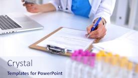  Presentation with vials - Presentation enhanced with woman researcher is surrounded by medical vials and flasks isolated on white background background and a sky blue colored foreground