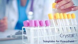  Presentation with vials - Amazing theme having woman-researcher-is-surrounded backdrop and a sky blue colored foreground