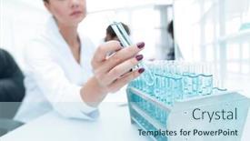  Presentation with vials - Colorful PPT layouts enhanced with woman researcher is surrounded by medical vials and flasks backdrop and a sky blue colored foreground