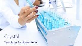  Presentation with vials - Audience pleasing presentation design consisting of woman researcher is surrounded by medical vials and flasks backdrop and a sky blue colored foreground