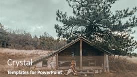  Presentation with cabin - Colorful presentation design enhanced with woman-resting-in-tiny-hunter backdrop and a violet colored foreground