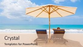  Presentation with under umbrella - PPT layouts having woman resting under umbrella facing the seaside in a deserted beach background and a lemonade colored foreground