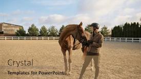  Presentation with rider - Presentation theme having woman-rider-spending-time background and a coral colored foreground