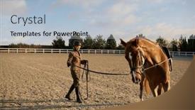  Presentation with rider - Slide set featuring woman-rider-training-horse background and a light blue colored foreground