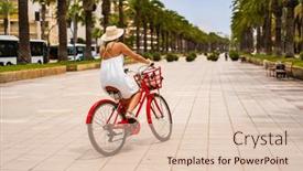  Presentation with bicycle - Slide deck with woman-riding-bicycle-on-seaside background and a  colored foreground