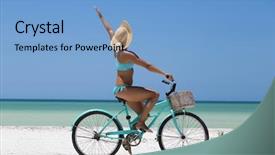  Presentation with man riding big bike motor - Amazing PPT theme having woman riding her bike along backdrop and a light blue colored foreground