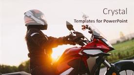  Presentation with motobike - Slide set enhanced with woman-riding-motobike-at-sunset background and a sky blue colored foreground