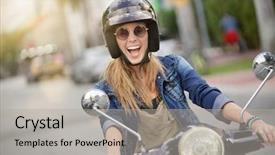  Presentation with safe - Audience pleasing presentation theme consisting of woman riding scooter in city backdrop and a light gray colored foreground