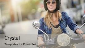  Presentation with e scooter - Presentation design with woman riding scooter in city background and a  colored foreground