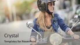  Presentation with e scooter - Beautiful presentation design featuring woman riding scooter in city backdrop and a  colored foreground