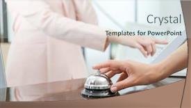  Presentation with bell service - Theme with woman ringing service bell in hotel lobby background and a sky blue colored foreground