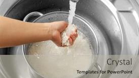  Presentation with rice - PPT layouts consisting of woman-rinsing-rice-in-saucepan background and a mint green colored foreground