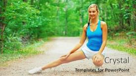  Presentation with woman runner - Presentation theme having woman runner exercising from a complete series of photos background and a soft green colored foreground