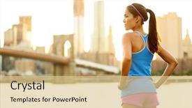  Presentation with new york city - Amazing PPT theme having woman runner relaxing after city backdrop and a lemonade colored foreground