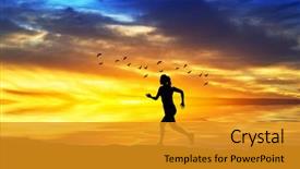  Presentation with running race - Theme having woman running across field background and a gold colored foreground