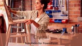  Presentation with upcycling - Slide set enhanced with woman-running-business-in-workshop background and a coral colored foreground