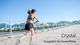  Presentation with smart city - Presentation theme having woman running in a city background and a  colored foreground