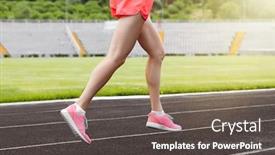  Presentation with sneakers - PPT layouts having woman running in pink sneakers on a stadium background and a dark gray colored foreground