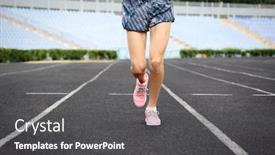  Presentation with sneakers - PPT theme with woman running in pink sneakers on a stadium background and a dark gray colored foreground