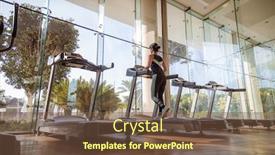  Presentation with running treadmill - Amazing slide deck having woman-running-on-treadmill backdrop and a tawny brown colored foreground