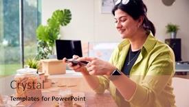  Presentation with online marketing - Presentation theme consisting of woman-running-online-business-making background and a coral colored foreground