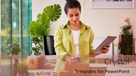  Presentation with running - PPT layouts featuring woman-running-online-business background and a coral colored foreground