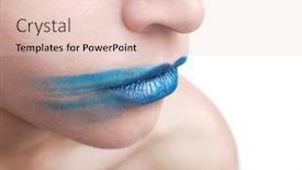  Presentation with lipstick - Beautiful PPT layouts featuring woman's face with smeared blue lipstick isolated on white close up backdrop and a lemonade colored foreground
