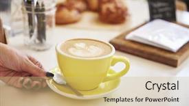  Presentation with cappuccino - Amazing theme having woman s hand and cappuccino coffee in yellow cup and saucer backdrop and a coral colored foreground