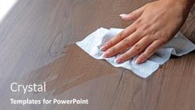  Presentation with office cleaning - Theme enhanced with woman-s-hand-cleaning-table background and a  colored foreground