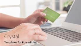  Presentation with online payment - Cool new slide deck with woman's hand holding credit card over notebook and using it to pay online with it concept of e-commers and online payment backdrop and a lemonade colored foreground