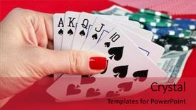  Presentation with playing cards - Beautiful slide set featuring woman's hand holding playing cards royal flush backdrop and a red colored foreground