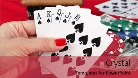  Presentation with playing cards - Presentation design featuring woman's hand holding playing cards royal flush background and a red colored foreground