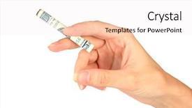  Presentation with cigarette - Theme featuring woman's hand holding a cigarette made out of 100 dollar bills on white background background and a sky blue colored foreground