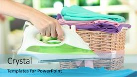  Presentation with ironing - Presentation theme consisting of powerplugs tank - woman's hand ironing clothes background and a light blue colored foreground